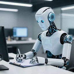 Robot taking notes while researching a subject, photorealistic