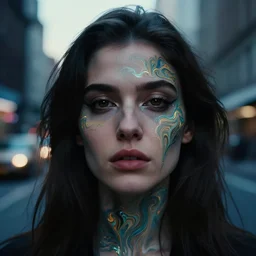 beautiful female face portrait, beautiful portrait, photography by amy leibowitz and filip fedorov, urban city photography, close up portrait, cinematic still, film still, magic hour, dark mood, cold colors, sony, kodak, long exposure, art noveau painting, liquid marble fluid painting, neon glow