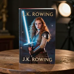 A book by J.K. Rowling, the cover art is an image of Ginny Weasley as a Jedi Knight holding a lighsaber, the book is on a table, studio lighting