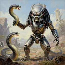 landscape, realistic portrait beautiful painting from scene in predator robot merged in anaconda fighting movie scene, hyperdetailed retrofuturism created by thomas kinkade and gustave courbet, fine draw, high detailed, fine lighting, smooth draw, no anomaly.
