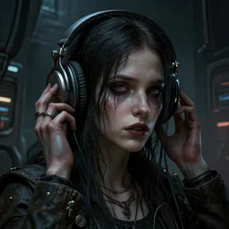 a epic close portrait shot cinematic shot of of a emo woman who is listening to all kinds of music with headphones on in a dark liminal technology space room, gritty tech, deep focus, fantasy, intricate, highly detailed, digital painting, detailed gritty face, artstation, concept art, matte, sharp focus, illustration, dark fantasy style art, resident evil, art by artgerm and greg rutkowski and alphonse mucha