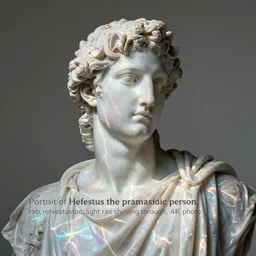 “Portrait of Hefestus the prismatic person, refracted light, caustics, light rays shining through, 4k photo”