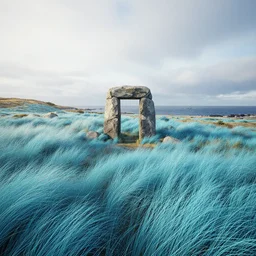 a beautiful render of scandinavian landscape, by greg rutkowski, cgsociety, unreal engine, octane render, windswept seafoamblue grass dunes, northern sea, withered portal stone in center