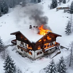 hidden mansion in the alps with snow covered roof that was recently set on fire, zoomed out, shot from drone, iphone capture