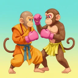 monk fight monkey with pink gloves, retro 5 0 s style, art by akihito tsukushi