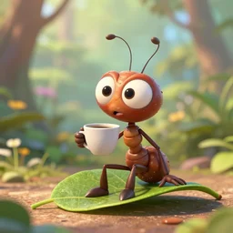 a funny ant character with big eyes holding a cup of coffee on top of a leaf at a sunny morning. pixar disney 4 k 3 d render movie oscar winning trending on artstation and behance. ratatouille style.