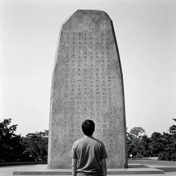 [A man stands with his back to the camera looking up at a massive monolith], [the monolith has writings in an alient language carved into it], [Photography, Ilford HP5, Mamiya 645 AF 80mm f/2.8]