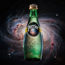 a photo of a bottle of Perrier in space with nebula, we can see the space through the bottle, beautiful, hyper realistic, photorealistic, transparence, reflections, refraction, caustics, raytracing, 8K, trending on artstationHQ