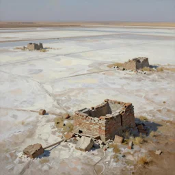 salt flats with scattered ruins, extremely detailed oil painting, unreal 5 render, digital art, landscape painting, octane render, beautiful composition, trending on artstation, award winning photograph, masterpiece