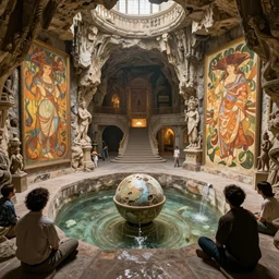 fantasy scifi scene andreas rocha and canaletto and mucha and noriyoshi ohrai of very deep cavernous sinkhole inside monastir de pedralbes large courtyard, fountain of youth and stairs inside the sinkhole, sphere inside the sinkhole, very wide close establishing shot