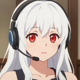 high quality anime visual of a cute girl, with red eyes!!!! and long white hair!!!! wearing a headset in her room interior, art by makoto shinkai, crunchyroll, pixiv, danbooru, hd, detailed anime face, cel shaded, smoothed lip line, digital art, hd, low light