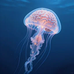 translucent human brain jellyfish hybrid, 🧠 with tentacles, floating in the deep blue ocean, like a jellyfish, ethereal lighting