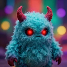 lomography long shot of cute plush fluffy wool felt chthonic monster, red glowing demonic eyes, bokeh background, lsd colors, by ayami kojima, beksinski, giger