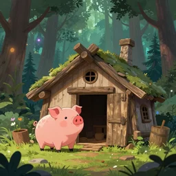 a cartoonish pig is near a rustic ramshackle hut in a mystical forest full of wonders, pine trees, magical atmosphere, trending on artstation, 30mm, by Noah Bradley trending on ArtStation, deviantart, high detail, stylized portrait