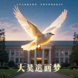 a bird glowing and floating in an academy, movie poster