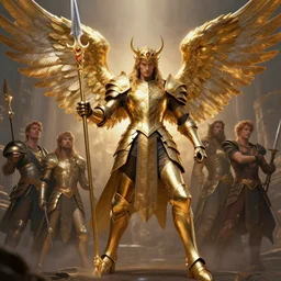 dynamic fullbody portrait of a powerful magical warrior armed with an elaborate spear, with angelic wings, wearing golden armor, by greg rutkowski and gaston bussiere and craig mullins and j. c. leyendecker, volumetric lighting, hd