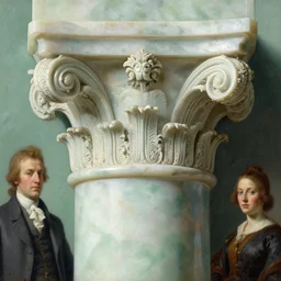 roman achingly beautiful painting of intricate ancient roman corinthian capital on jade background by rene magritte, monet, and turner. giovanni battista piranesi.