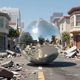 giant disco ball rolling down the street of san francisco, destroyed houses, broken asphalt roads, highly detailed, 3d