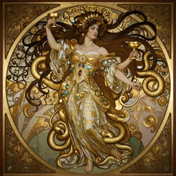realistic detailed dramatic symmetrical portrait of beast with a golden cup as Salome dancing, wearing an elaborate jeweled gown, by Alphonse Mucha and Gustav Klimt, gilded details, intricate spirals, coiled realistic serpents, Neo-Gothic, gothic, Art Nouveau, ornate medieval religious icon, long dark flowing hair spreading around her