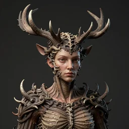 portrait ms with ribbed body, covered with twisted ribbed crooked antlers, baroque portrait by rutkowsky and charles vess and james jean and erik jones and rhads, 3 d octane render, beautiful fine face features, intricate high details, sharp, ultradetailed, artistic photography