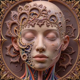 face portrait of a beautiful woman, 150 mm, anatomical, flesh, flowers, mandelbrot fractal, veins, arteries, symmetric, intricate, golden ratio, full frame, microscopic, elegant, highly detailed, ornate, ornament, elegant , luxury, beautifully lit, ray trace, octane render in the style of peter Gric , alex grey and Romero Ressendi