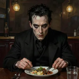 gothic matte painting character illustration of john constantine sitting down at a table at a dive bar in london for lunch, digital painting, illustration, constantine, john singer sargent, amazing values, 8 k, gothic, realistic face details, symmetrical face details, realistically rendered face, photorealistic eyes, moody lighting, dive bar lighting, octane render