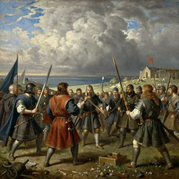 an illustration depicting the Viking invasion of England, detailed, wide shot, oil on canvas, Rembrandt