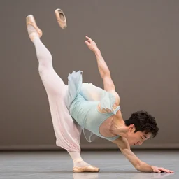 a male ballet dancer doing an extreme stretch, dance photography, pastel colors palette, anatomic photography, high detail, zoom in, foreshortening, natural light