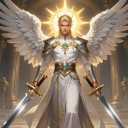 beautiful holy cleric with sunray halo, white eagle wings, attarctive pretty man, anime key visual, swords, highly detailed, sharp focus, concept art, league of legends, style by shumolly and monable and artgerm and greg rutkowski and jo chen and pilyeon and ruan jia and zeronis