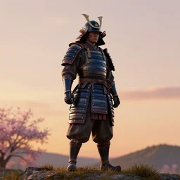 octane render, samurai in armor standing on a hill at sunset, a cherry blossom tree is next to the samurai, 4 k