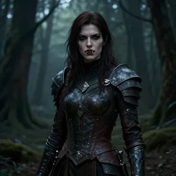 dramatic atmospheric dark forest scenery, girl with vampire-fangs in hide leather armor, hyperdetailed, artstation, cgsociety, 8k