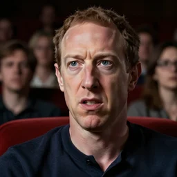 people in a theater watching a close up photo of an angry mark zuckerberg