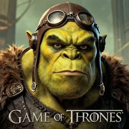 still from game of thrones of a huge ogre, bald, aviator hat with ear flaps, yellow skin, portayed by elon musk, d & d, high fantasy, by donato giancola, facial detail, extremely detailed, comic book cover photo