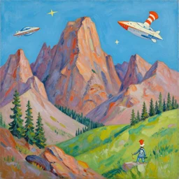 rocky mountains landscape in the style of dr. seuss, starships, painting by raphael lacoste