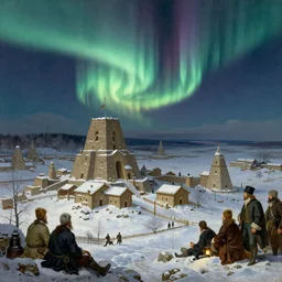 ancient hyperborean city at night, snow, aurora borealis in the skies, artwork by Vsevolod Ivanov and Théodore Géricault and Thomas Cole, highly detailed, trending on wikiart