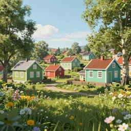 a small village in the countryside on a sunny day, sun shining, shadows, flowers, trees, colourful wooden houses, Scandinavian style, trending on artstation, octane render, highly detailed, 70mm, cinematic, atmospheric, cute