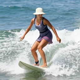 redbull photo of a woman dressed in cocktail dress, hat, and heels on a surfboard riding a wave, very detailed, accurate face, 8 k, fast lens, outline overlay