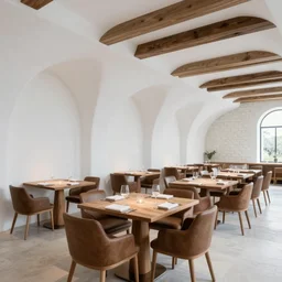 wide angle long shot of dinner table at a 5 star restaurant, minimalist, white ondulating plaster and walnut wood, leather sleek chairs, wood tables, wood beams, barrel vault, white grouted stone, elegant, upscale