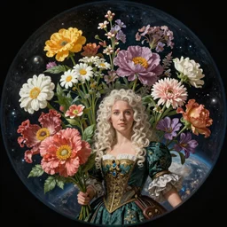 An epic fantastic realism comic book style painting of the most beautiful flowers launched into space, by Rachel Ruysch, bouquets, fisheye lens, unreal 5, DAZ, hyperrealistic, octane render, cosplay, RPG portrait, dynamic lighting