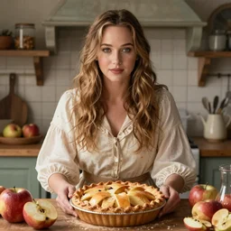 photo of ( ( jennifer lawrence ) ) in a rustic style kitchen, baking apple pie, symmetrical face, beautiful eyes, cottagecore, artstation, 8 k, highly detailed, romanticism style