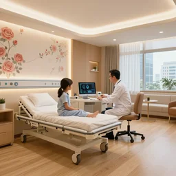 The zen environment of the hospital room of the future, in a five star hotel in Singapore, with calming bright lights and a welcoming Japanese rose pattern wall and a breathtaking wooden floor, a doctor and her patient look at a computer screen showing medical graphs