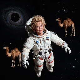 Dolly Parton is floating in space, a camel floating in space, cosmos, black hole, infinity, James Webb Space Telescope