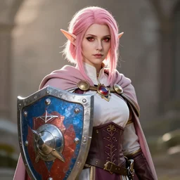 beautiful, pink short haired, half elf woman, healer wearing cleric clothing and holding a shield, dungeons and dragons, character portrait, full face render, crimson eye color, 4 k, 8 k, hyper detailed, back lighting