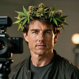 Tom Cruise as a god of weed, crown on head with marihuana leaf, shot from professional camera, ultra realistic, rim light, beatiful ambient lights