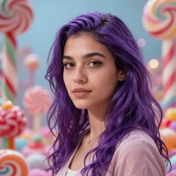 a half - brazilian swedish lady with purple hair traversing a mystical candy land, photorealistic, bokeh, 3 5 mm lens, professional photo, detailed face!!! fantasy