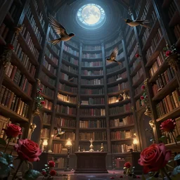 magic library, another world, birds, roses, fairy tale, evening lights, highly detailed, low angle view, artstation, mysterious, comfort, in the style of aetherpunk