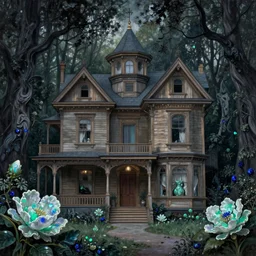 victorian house made of wood in a dark forest with obsidian trees and Opal flowers, jade, lapis, eerie, painting