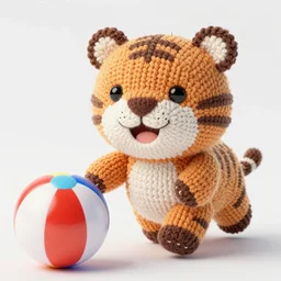 a closeup photorealistic photograph of a cute smiling knitted tiger hippopotamus chasing colorful beachballs during sunset. teeth exposed, surf in the background. professional capture. this 4 k hd image is trending on artstation, featured on behance, well - rendered, extra crisp, features intricate detail, epic composition and the style of unreal engine.