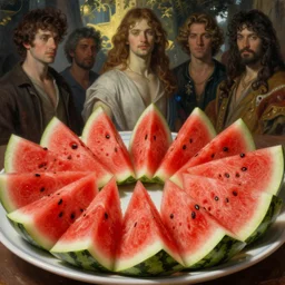 a plate full of sliced watermelon in the style of wayne barlowe, gustav moreau, goward, bussiere, roberto ferri, santiago caruso, luis ricardo falero, frazetta