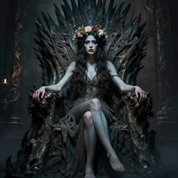 masterpiece concept art of a beautiful brunette woman with pale skin and a flower crown seated on an intricate shadow throne, a beautiful highly detailed fae lady, extremly emotional, cinematic moody colors, realistic shaded lighting poster by ilya kuvshinov, magali villeneuve, artgerm, jeremy lipkin and michael garmash and rob rey